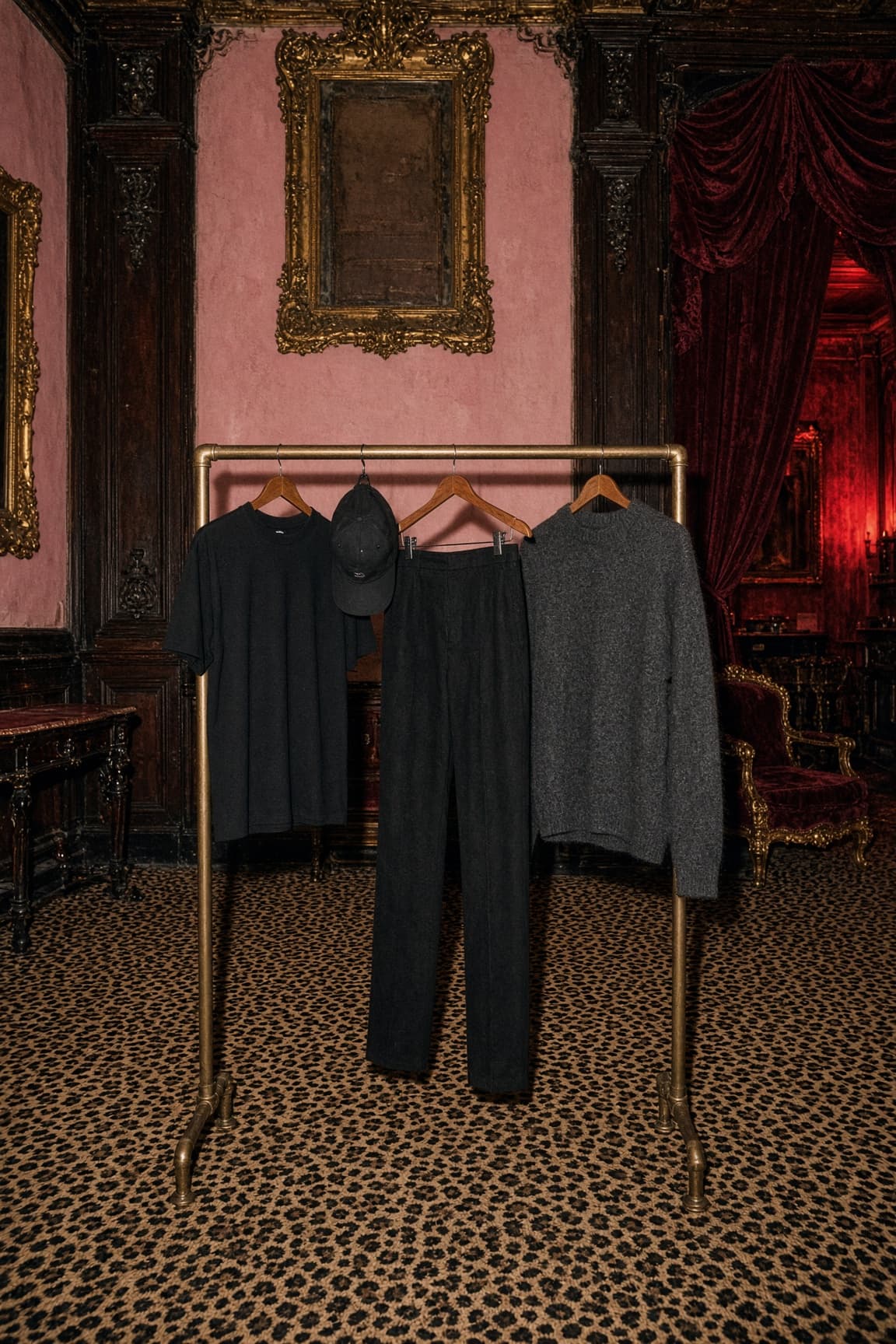 A brass rack in a red-lit velvet room: a black tee, trousers, a cap, a knit.